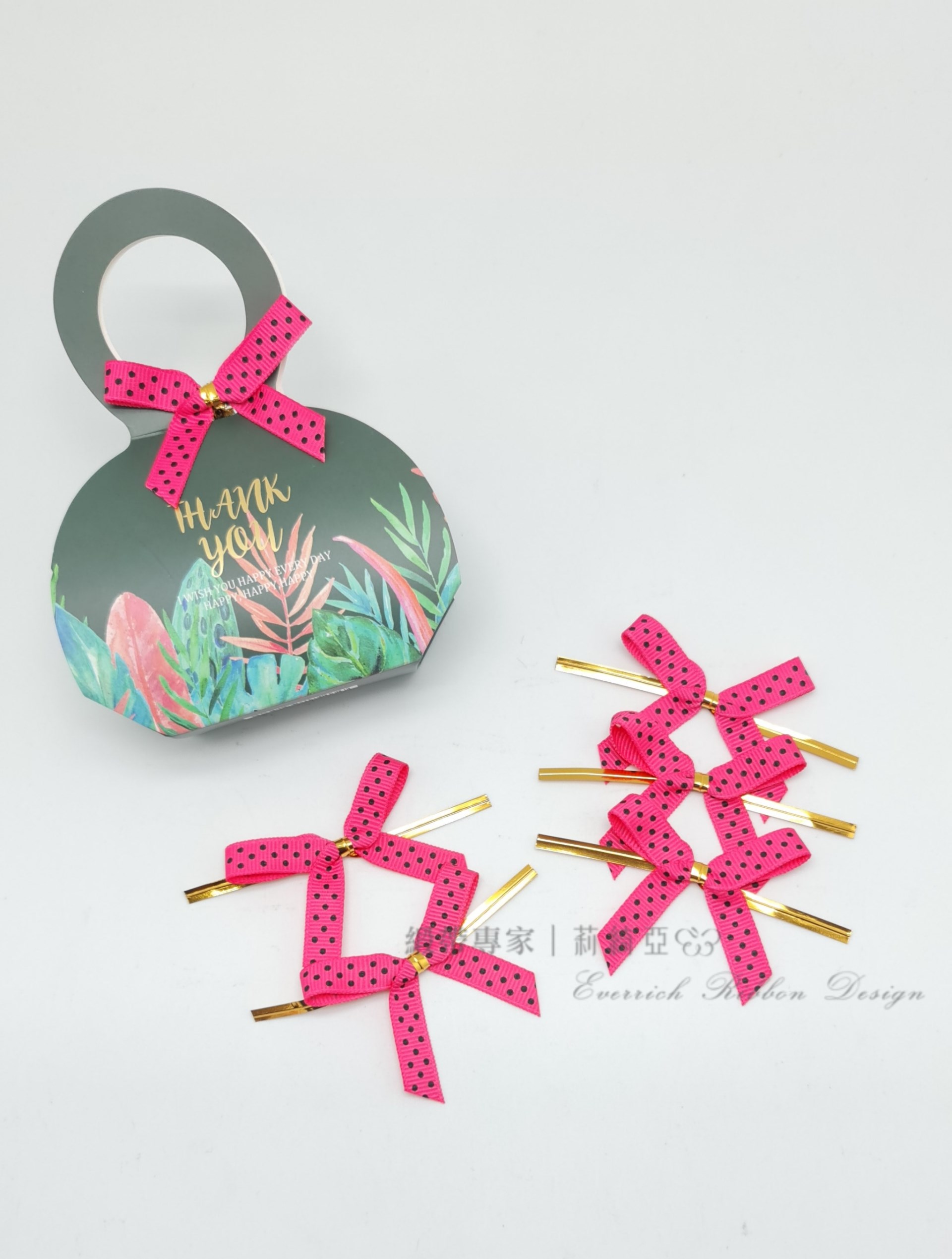 【30478】桃紅印黑點點紗緞帶+魔帶蝴蝶結-9mm