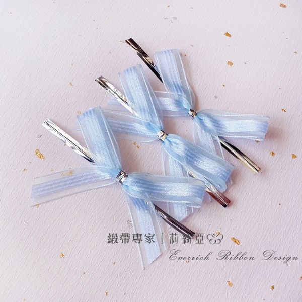 【30054】條紋雪紗緞帶蝴蝶結-藍色 9mm
